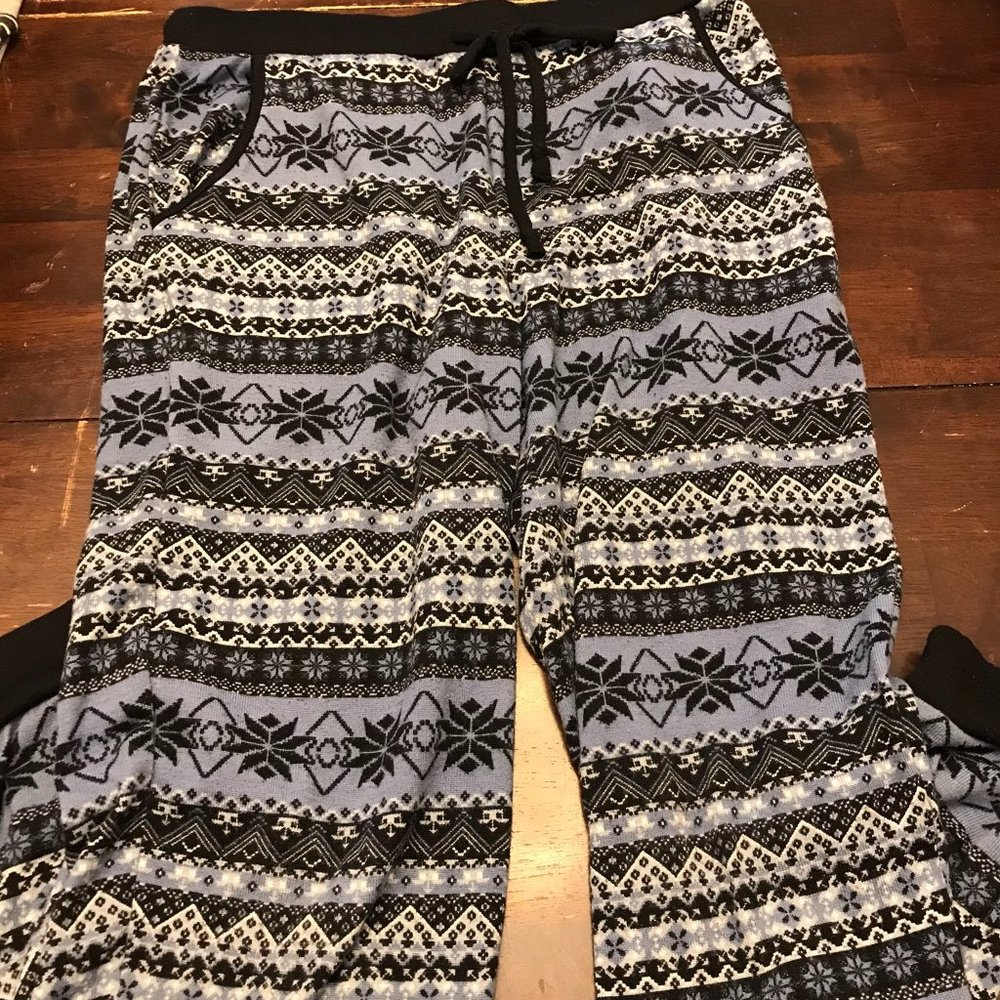 Blue, Black, and White Lounge pants.